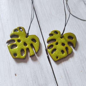 Handmade Ceramic Monstera Leaf Pendant: Green Pottery Necklace