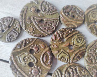 Handmade ceramic buttons, cute buttons with paisley pattern, unique pottery button, stoneware boho style, hand painting buttons with paisley