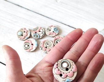 Handmade ceramic buttons, delicate floral pattern pottery button, unique modern buttons, floral pattern hand painted in pastel colors