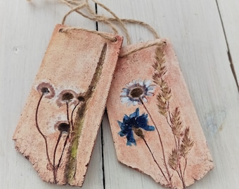 Handmade clay wall picture with field flowers, handmade wall decor, unique pottery in boho style, hand painted pendant