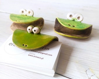 Handmade Ceramic Frog Figurine: Green Business Card Holder
