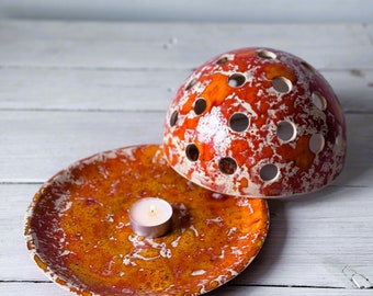 Farol de cerámica naranja hecho a mano: portavelas de té único