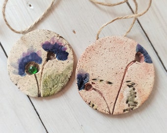 Big ceramic pendant, XL handmade necklace, unique pottery field flower in boho style, hand painted minimalist pendant natural modern jewelry