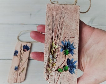 Ceramic pendant large handmade necklace, unique pottery cornflower in boho style, hand painted minimalist pendant, cute big modern jewelry