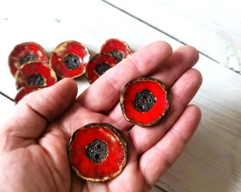 Handmade red poppy ceramic buttons in the shape of a poppy flower for dresses, shirts, sweaters, cardigans, caps bags and coats boho button