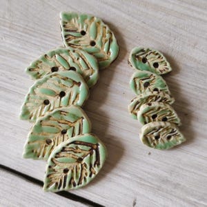 May include: A collection of ceramic leaf-shaped buttons. The buttons are light green with brown veining details and two holes for sewing. They are arranged on a light-coloured wooden surface.