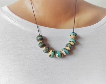 Ceramic beads pendant, handmade necklace. large unique pottery beads necklace in boho style, hand painted minimalist pendant  modern jewelry