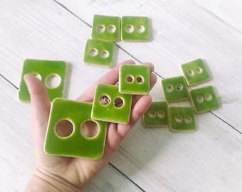 Big handmade ceramic buttons, unique green pottery button / colorful square buttons / Handpainting knitting buttons / X large square buttons