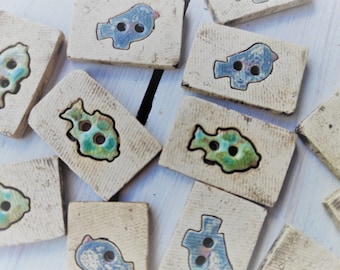 Cute ceramic handmade fish & bird buttons, pottery buttons, unique fish and bird button, fisherman and angler buttons, gift for bird watcher