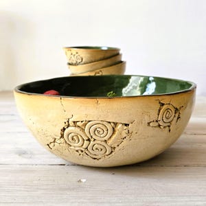 Set of 7 handmade ceramic bowls, unique serving bowls in green color, minimalist style modern stoneware bowl, decorative salad & fruit bowls