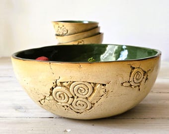Handmade Green Ceramic Bowl Set, Rustic Stoneware Serving Bowls