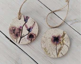 Ceramic pendant large handmade necklace, unique pottery field flower in boho style, hand painted minimalist pendant, cute big modern jewelry