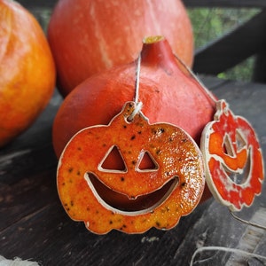 Handmade ceramic pumpkin pendant, Halloween wall decoration, pottery pumpkins Halloween wall art,funny pumpkin, red orange scary pumpkins image 1