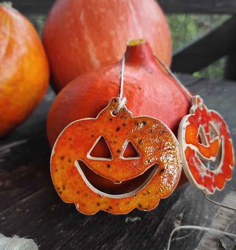 Handmade ceramic pumpkin pendant, Halloween wall decoration, pottery pumpkins Halloween wall art,funny pumpkin, red orange scary pumpkins image 1