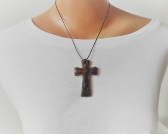 Ceramic cross pendant, handmade double sided unique crucifix, pottery necklace, bilateral hand painted brown - gold minimalist cross pendant