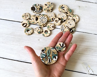 Handmade Ceramic Buttons, Floral Kashubian Motif, Boho Style