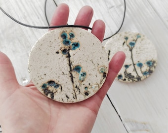 Big ceramic pendant, handmade necklace, unique pottery field flower in boho style, hand painted minimalist pendant, large modern jewelry