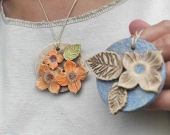 Big ceramic flowers pendant, handmade necklace. Large pottery necklace in flower patterns, minimalist pendant, unique big modern jewelry