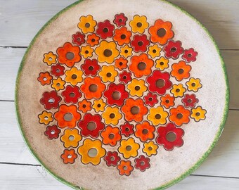 Big 16" decorative floral plate, unique ceramic serving plate, colorful stoneware plateau, X large table decor, serving tray in boho style.