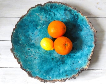 Big 15" turquoise plate, unique ceramic serving plate, minimalistic stoneware plateau, X large table decor, cute serving tray in boho style.