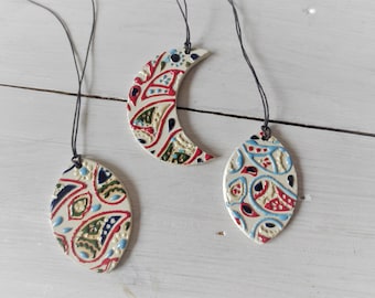 Handmade Ceramic Paisley Pendant Necklace: Boho Ethnic Jewelry