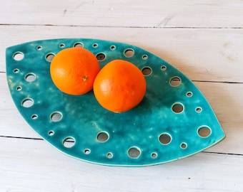 Plato grande de cerámica turquesa para servir: decoración de mesa de gres hecha a mano