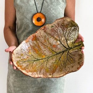 Large Handmade Ceramic Leaf Plate: Boho Stoneware Serving Tray (16.5&quot;)