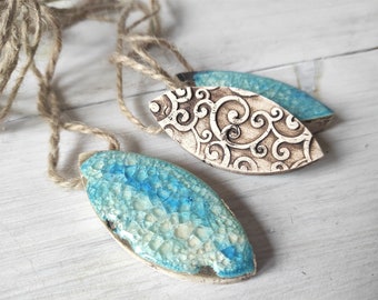 Handmade Ceramic Pendant Necklace, Turquoise Glass, Boho Style