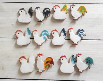 Handmade Ceramic Rooster and Hen Magnets: Kitchen Decor, Set of 2