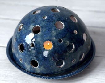 Farol de cerámica hecho a mano: Candelabro de cerámica azul marino