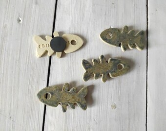 Fish bone design ceramic fridge magnet / Handmade Fish skeleton pottery magnets / unique refrigerator magnets