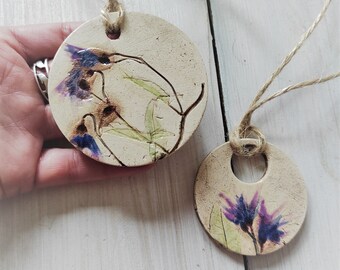 Ceramic pendant large handmade necklace, unique pottery field flower in boho style, hand painted minimalist pendant, cute big modern jewelry