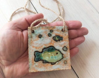 Large ceramic fish pendant, unique pottery zodiac sign of Pisces ,handmade necklace, hand painted minimalist pendant, natural modern jewelry