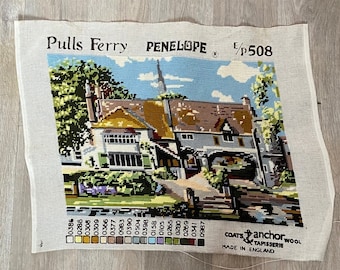 Vintage Fabric - Penelope Needle Point Anchor Wool Tapestry Complete ‘Pulls Ferry’ Country House Scene