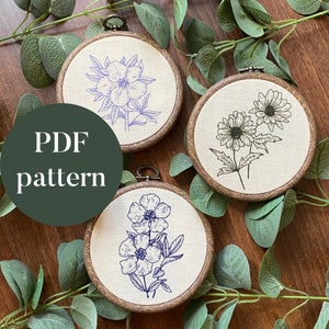 PDF Digital Embroidery Pattern | Linework Floral Trio | Beginner Hand Embroidery Needlepoint Floral Botanical Nature Printable DIY Tutorial
