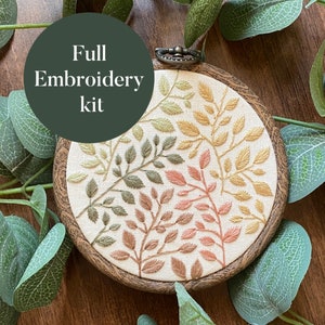 Embroidery Kit | Autumn Small Gradient Leaves | DIY Full Beginner Hand Embroidery Needlepoint Botanical Leaves Nature Sewing Kit DIY Pattern