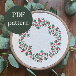 PDF Digital Embroidery Pattern | Winter Berries Wreath | Hand Embroidery Needlepoint Floral Botanical Leaves Printable DIY Pattern Tutorial