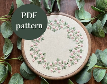 PDF Digital Embroidery Pattern | Pink Floral Wreath | Hand Embroidery Needlepoint Floral Flower Nature Leaves Printable DIY Pattern Tutorial