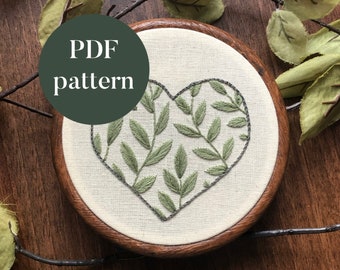 Patrón de bordado con forma de corazón de hoja / Punto de aguja floral DIY para principiantes (Patrón PDF)