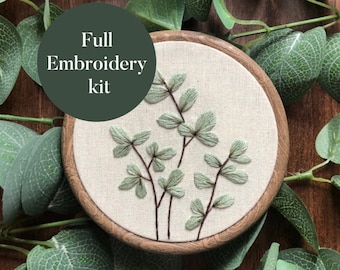 Embroidery Kit | Light Leaves | DIY Full Beginner Hand Embroidery Needlepoint Floral Botanical Leaves Nature Sewing Kit DIY Pattern