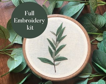 Embroidery Kit | Green Leaf Sprig | DIY Full Beginner Hand Embroidery Needlepoint Floral Botanical Leaves Nature Sewing Kit DIY Pattern