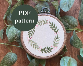 PDF Digital Embroidery Pattern | Christmas Wreath | Beginner Hand Embroidery Needlepoint Floral Botanical Nature Printable DIY Tutorial