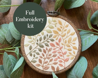 Embroidery Kit | Autumn Small Gradient Leaves | DIY Full Beginner Hand Embroidery Needlepoint Botanical Leaves Nature Sewing Kit DIY Pattern