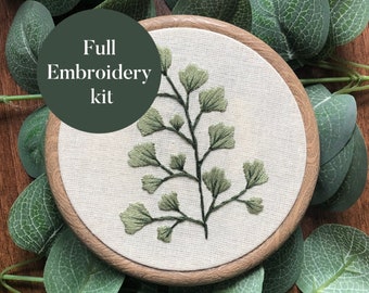 Embroidery Kit | Simple Fern Leaves | DIY Full Beginner Hand Embroidery Needlepoint Floral Botanical Nature Sewing Kit DIY Pattern