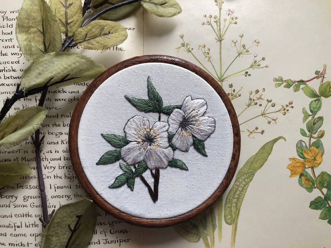 Floral Embroidery White Botanical Flower Embroidery Hoop Handmade Hand ...