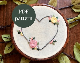 Patrón de bordado de corazón de flores / Punto de aguja para principiantes (Patrón PDF)
