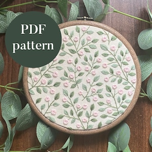 PDF デジタル刺繍パターン | ピンクの繰り返しの花 | 初心者向け手刺繍ニードルポイント花柄自然の葉の印刷可能な DIY チュートリアル