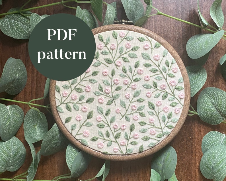 PDF Digital Embroidery Pattern Pink Repeat Flowers Hand Embroidery Needlepoint Floral Nature Leaves Printable DIY Pattern Tutorial image 1