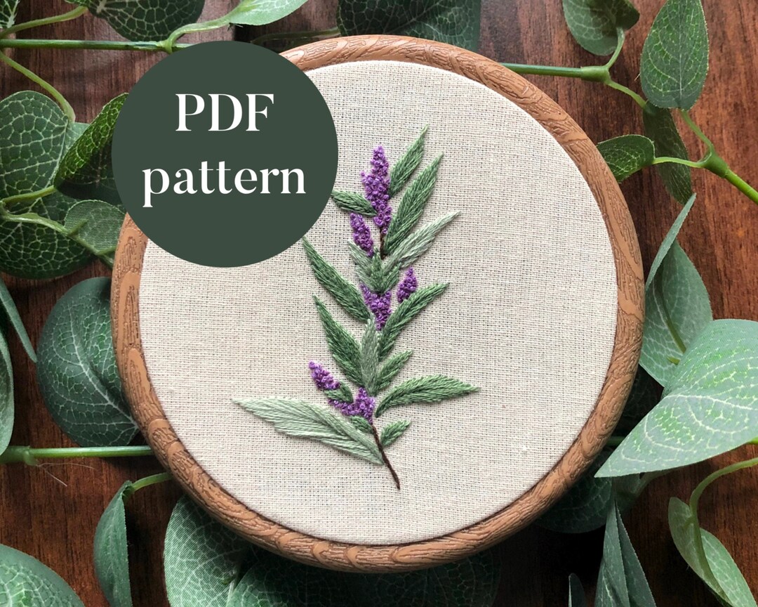 PDF Digital Embroidery Pattern Purple Floral Leaf Sprig Beginner Hand ...