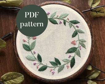 PDF Digital Embroidery Pattern | Leaf Flower Wreath | Beginner Hand Embroidery Needlepoint Floral Botanical Nature Printable DIY Tutorial